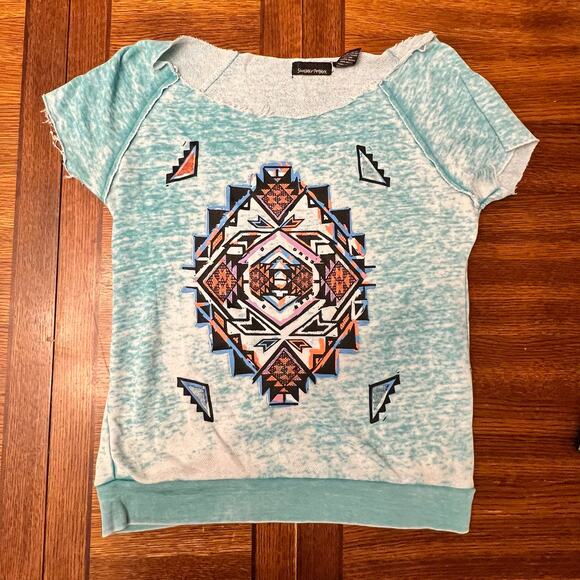 Sweater Project Light Aqua Blue Aztec Short Sleeve Oversized Blouse Size XL - Picture 6 of 8